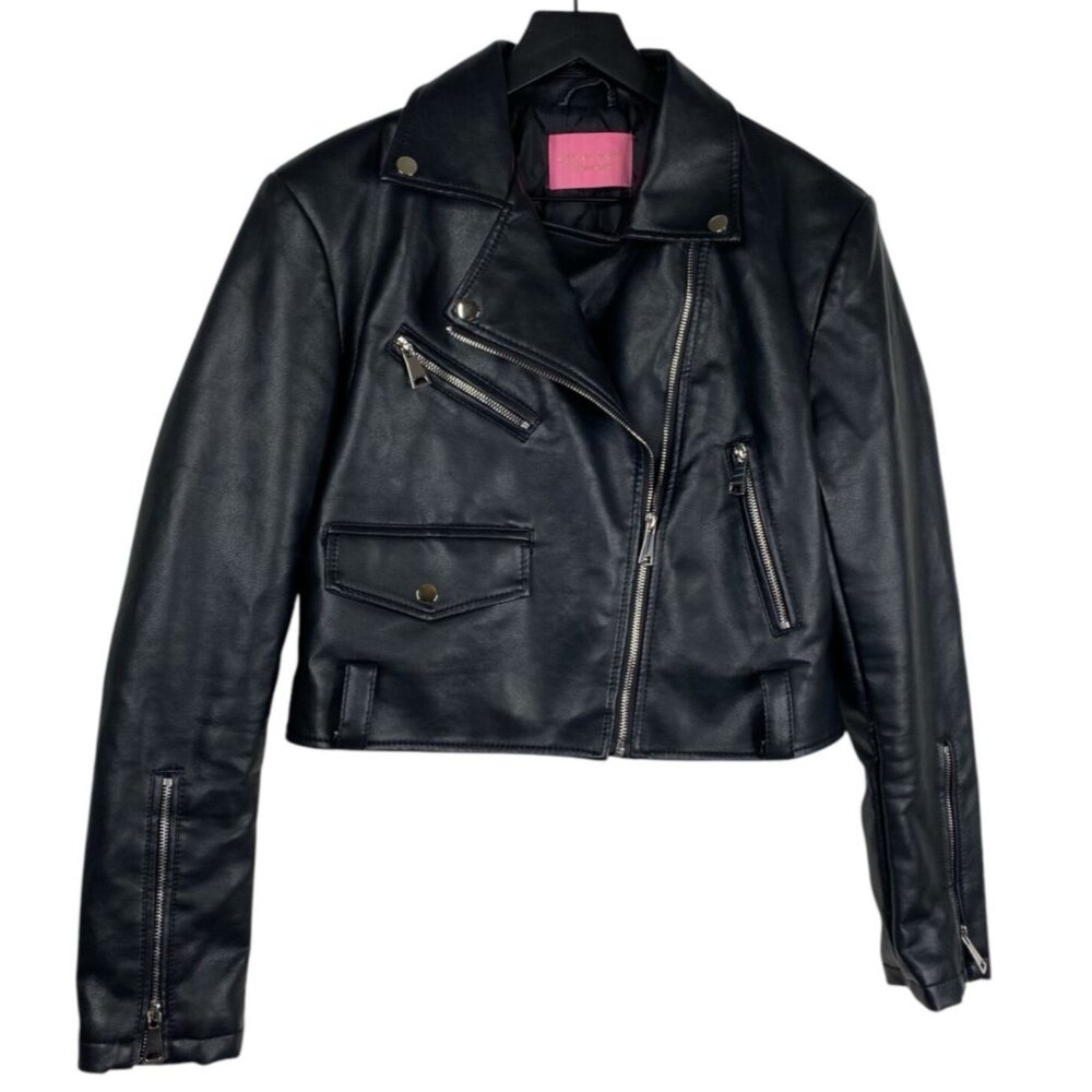 Azalea Wang Black Faux Patent Leather Collared Biker Short Grunge Jacket Size L